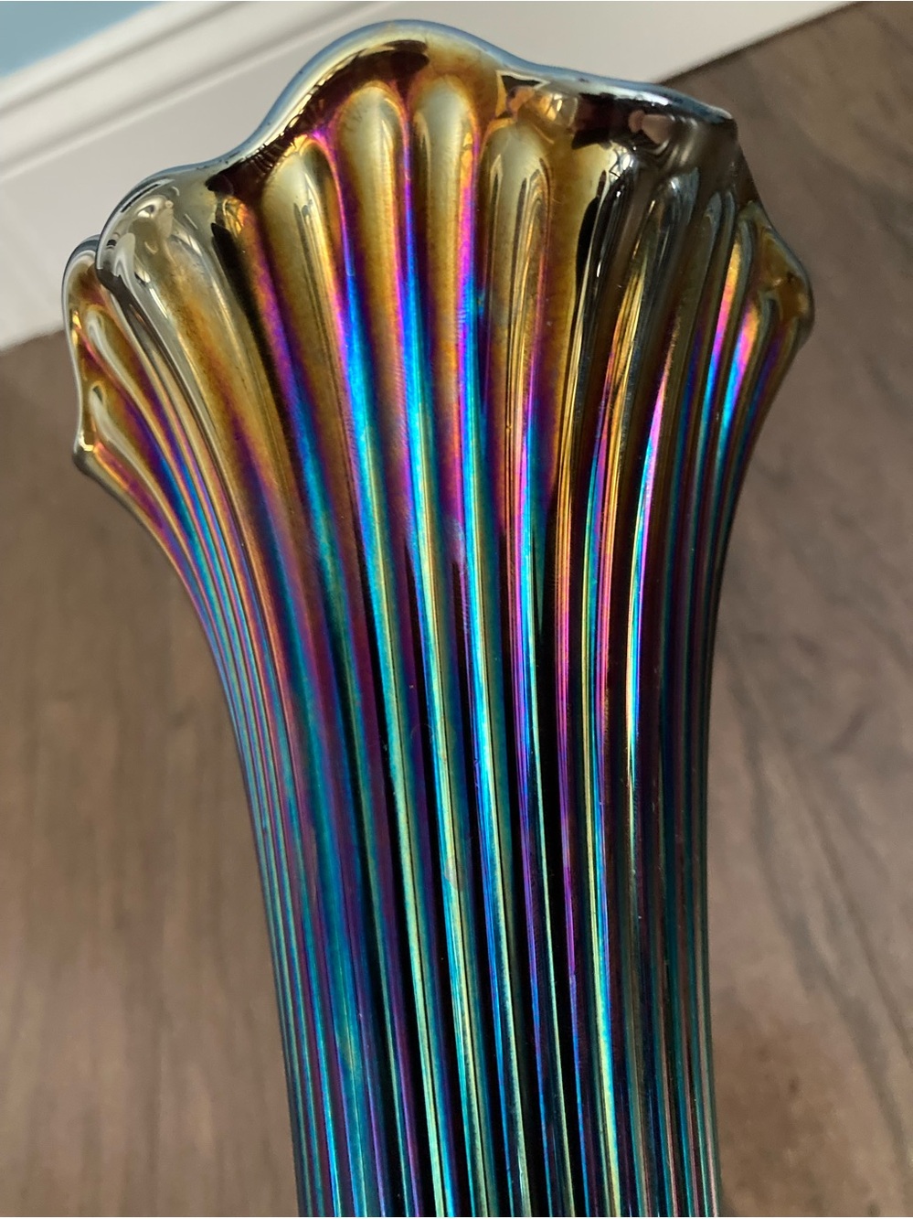 Fenton Peacock Iridescent Ribbed Carnival Glass Stretch Vase